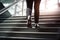 Close-Up of Business Woman\\\'s Feet Climbing Stairs to Achieve Goals. created with Generative AI