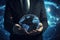 Close up of businessman holding in palms glowing earth globe. 3D rendering, Close up of businessman hands touching global network