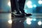 Close-up of a businessman\\\'s feet stepping into the future.