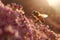 Close up of busy bee in flight gathering pollen from vibrant flower in detailed shot