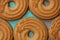 Close up of butter cookies/biscuits on wooden teal green rustic background, flat lay design with butter cookies