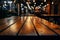 Close up on cafe tables wood texture, bokeh backdrop adds charm