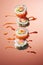 Close-Up of California Sushi Flying Levitation in the Air. Generative ai