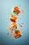 Close-Up of California Sushi Flying Levitation in the Air. Generative ai
