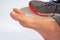 Close up a callus on man`s foot. Callus is common foot problem isolated on white background.