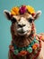 Close up, camel wearing a colorful big flower crown. Very minimalistic style, green background