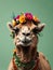 Close up, camel wearing a colorful big flower crown. Very minimalistic style, green background