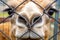 close-up of a camels face behind fence bars