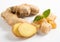 Close up of candied crystallized ginger candy pieces ,ginger and ginger slices isolated on white background