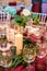 Close-up of candles standing on a table.