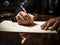 The close-up captures the businessman\\\'s focused demeanor as he meticulously signs the important documents, his signature