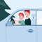 Close up car with father teaching child to drive, cartoon vector illustration.