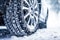 Close up of car tires in winter on the road with snow