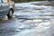 Close up of car wheel on a road in very bad condition with big potholes full of dirty rain water pools