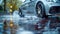 Close-up of a car wheel and tire under the rain