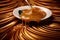 close up of caramel sauce flowing from spoon to background, Frisch gebackenes ganzes HÃ¤hnchen mit Honigsauce, AI