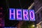 Close up of Carnaby Street Christmas lights 2020 with the word HERO in honour of frontline workers during the COVID 19 pandemic