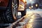 Close up of a cars winter tire gripping the wintry road