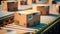close up carton boxes on conveyor belt, warehouse for product storage and logistics, generative ai