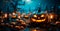 Close-up of carved pumpkins for Halloween, Feast of the Dead, Scary Night - AI generated image