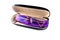 Close-up case with thin-rimmed glasses and a purple rag for lens wipes