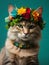 Close up, cat wearing a colorful big flower crown. Very minimalistic style, green background