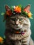 Close up, cat wearing a colorful big flower crown. Very minimalistic style, green background