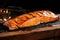 close-up of cedar plank smoked asian salmon