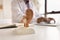 Close up of ceramic human ear anatomical model on table