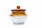 Close up of ceramic pickle container isolated on white i.e. achar ki barni isolated.;