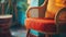 A close up of a chair with an orange cushion on it, AI