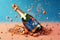 A close-up of a champagne bottle with a cork popping out, with bubbles and confetti flying around it. Generative AI