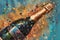 A close-up of a champagne bottle with a cork popping out, with bubbles and confetti flying around it. Generative AI