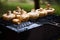 Close-up champignon mushrooms grilling over flaming charcoals while a barbecue party outdoors. BBQ. Picnic in the nature