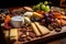 Close-up of a Charcuterie Board with a mix of soft and hard cheeses, crackers, fresh and dried fruits,
