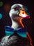 A close-up of a charming goose wearing trendy and a fashionable bowtie