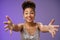 Close-up charming touched tender wealthy african-american woman in silver fashionable dress extend arms towards camera