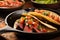 close-up of charred steak taco with salsa on a skillet