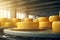 Close-up in cheese factory, cheese production, illustration. Generative AI