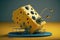 close-up of cheese slice in mousetrap, with flies buzzing around