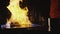 Close-up of chef cooking a main banquet dish. Vegetables and meat with fire show