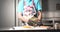 Close-up of a chef in gloves preparing a dish of salmon slices and daikon salad in the kitchen