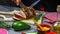 Close up of a chef hands Cooking meat steak, vegetables and spices. Food background. copy text menu