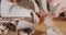 Close up of a chef knife slicing a portobello mushroom