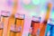 Close up of chemistry test tubes with colorful liquids