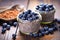 close up of chia oats with blueberries, rustic backdrop