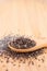 Close up of Chia seeds in a wooden spoon on the table