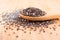 Close up of Chia seeds in a wooden spoon on the table