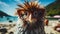 Close up of Chicken with glasses on the beach. Generative AI