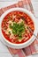 Close-up of chicken lasagna soup in a bowl